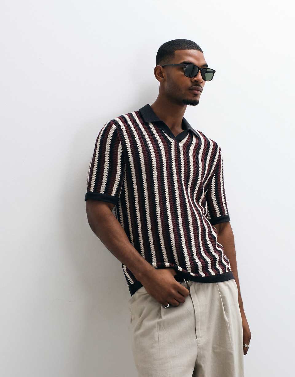 Polo en maille crochet coupe relaxed à rayures marron
