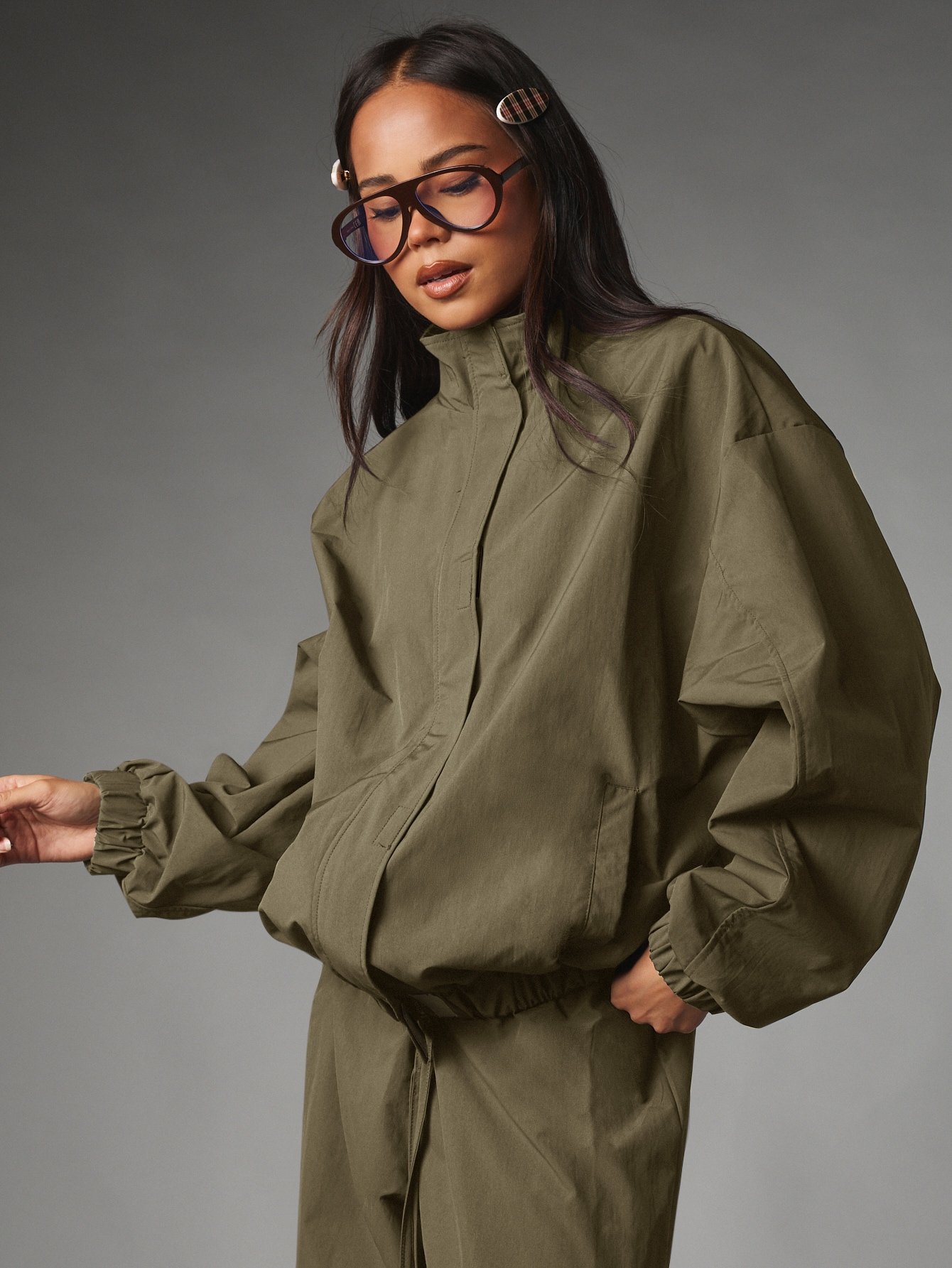 Oversized zip bomber jacket with gathered cuffs