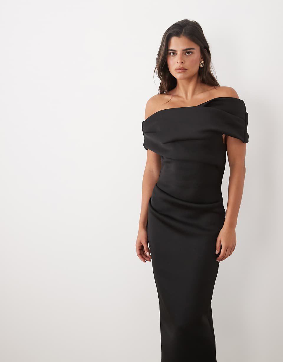 Robe longue bardot avec fente en tissu scuba noir