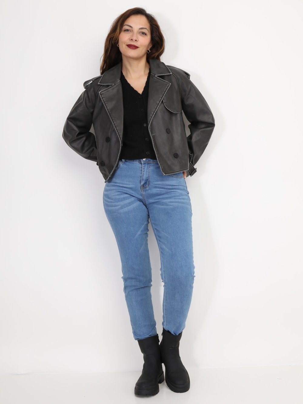 Dark grey distressed faux leather trench jacket