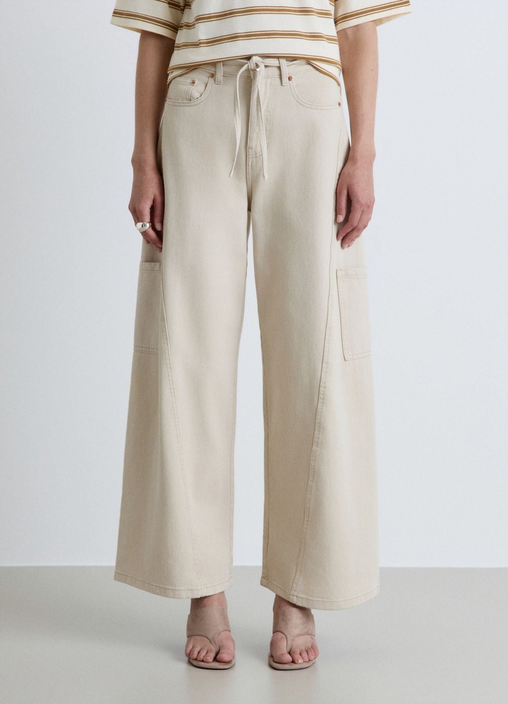 Taupe high-waisted palazzo jeans with drawstring