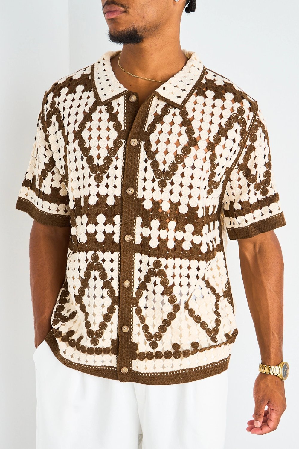 Chemise en crochet ajourée à losanges marron