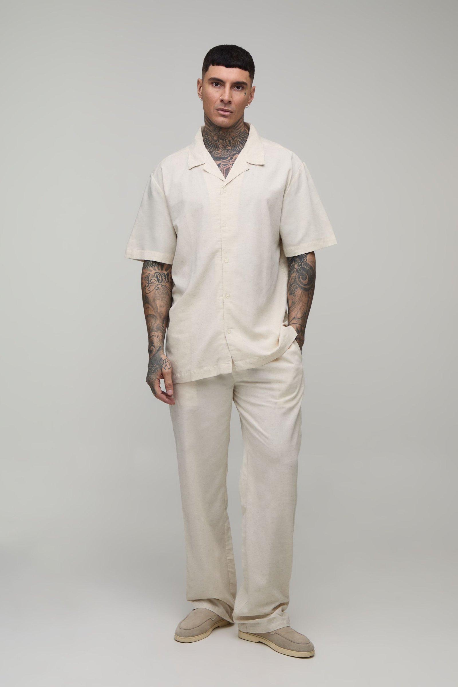 Ensemble Grande Taille Chemise Oversize Et Pantalon Décontracté En Mélange De Lin De Vacances