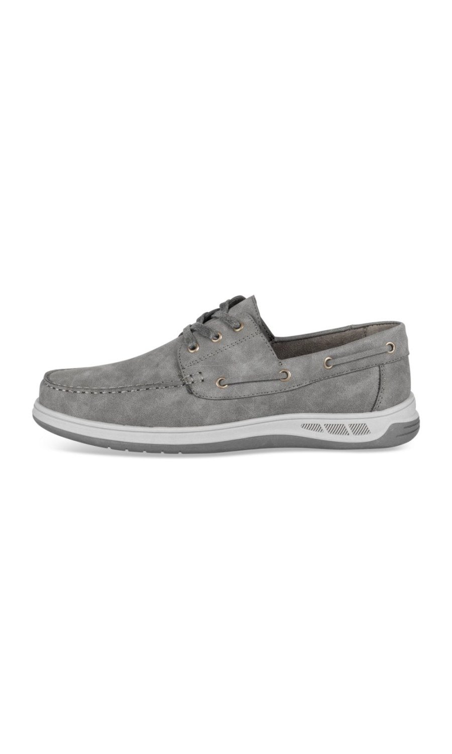 Grey boat shoes with white sole