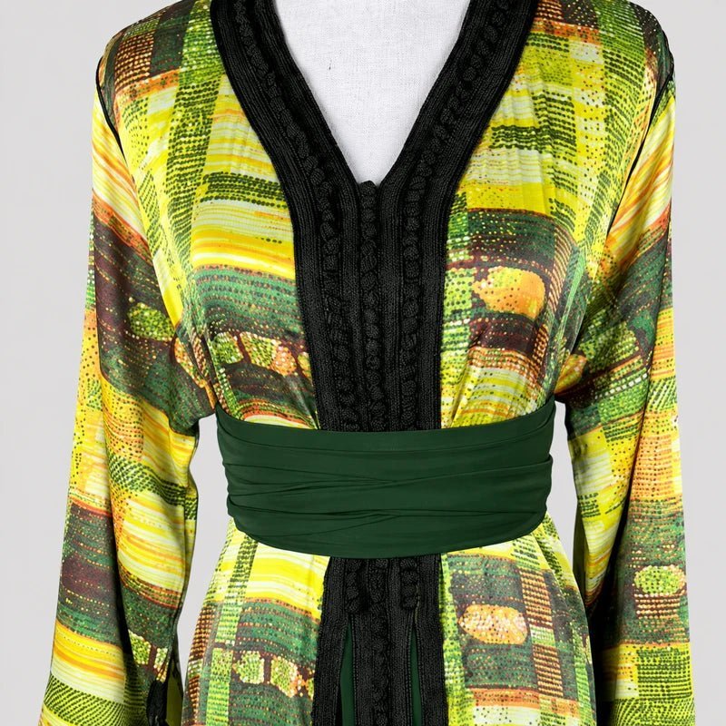 Dark green crêpe takchita with yellow motifs
