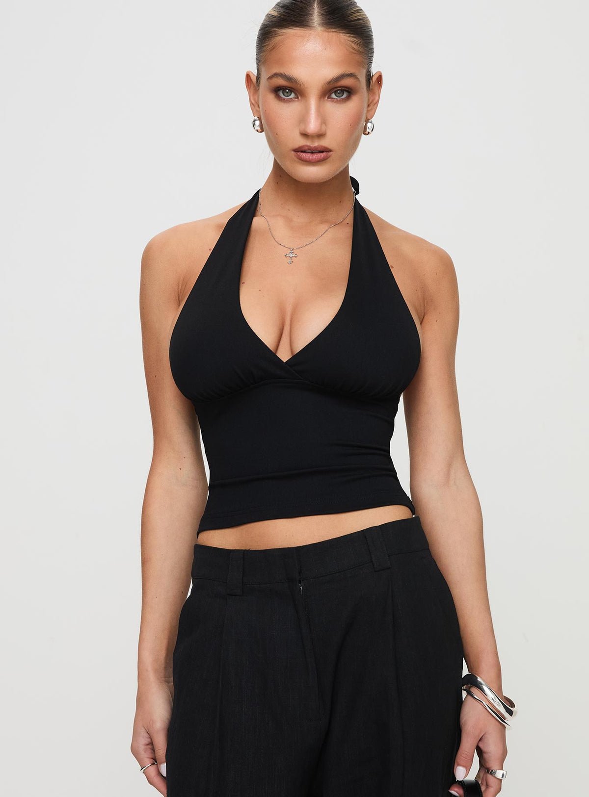 Crossover plunge halter top