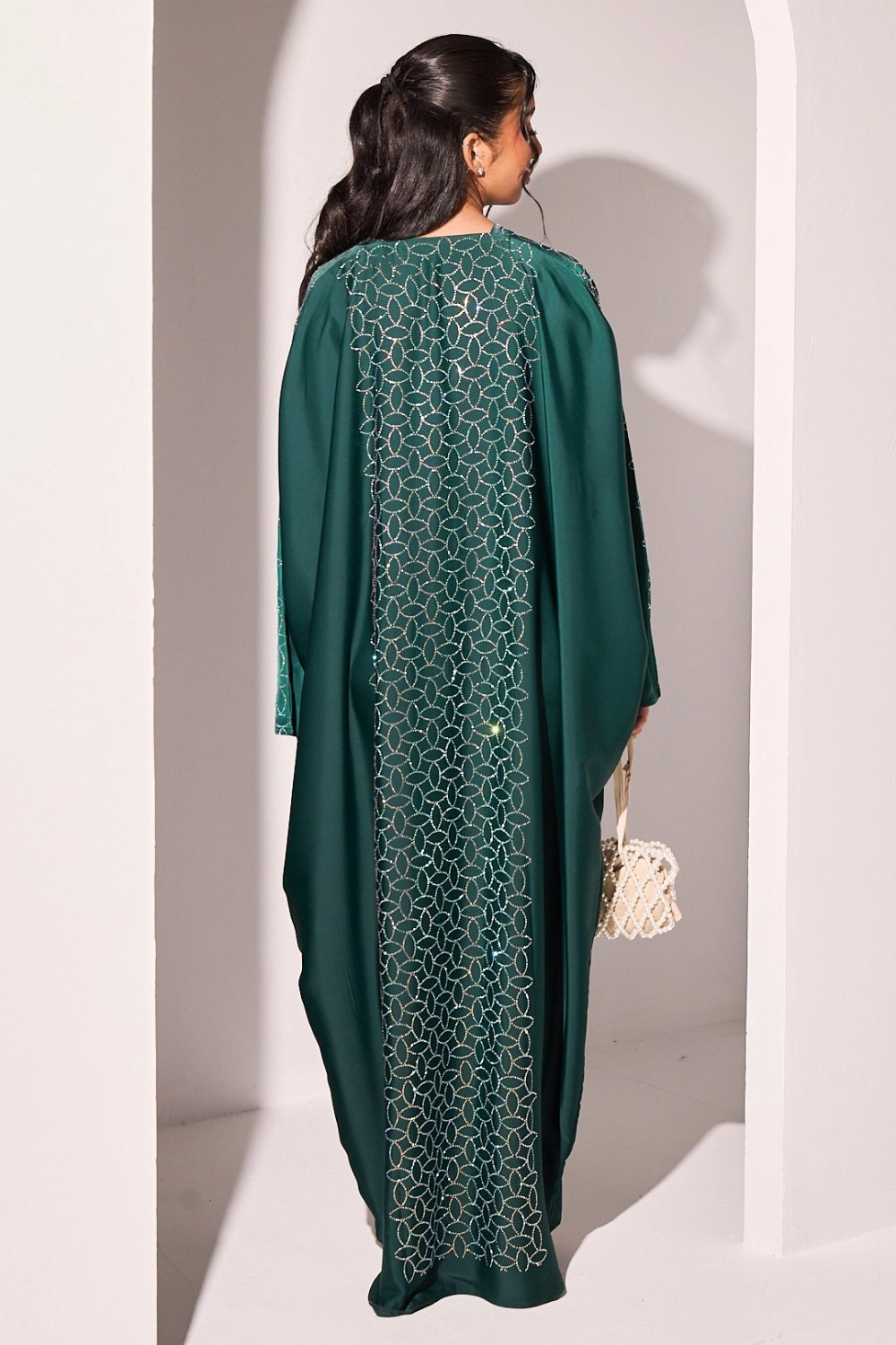 Dark green abaya with leaf rhinestones