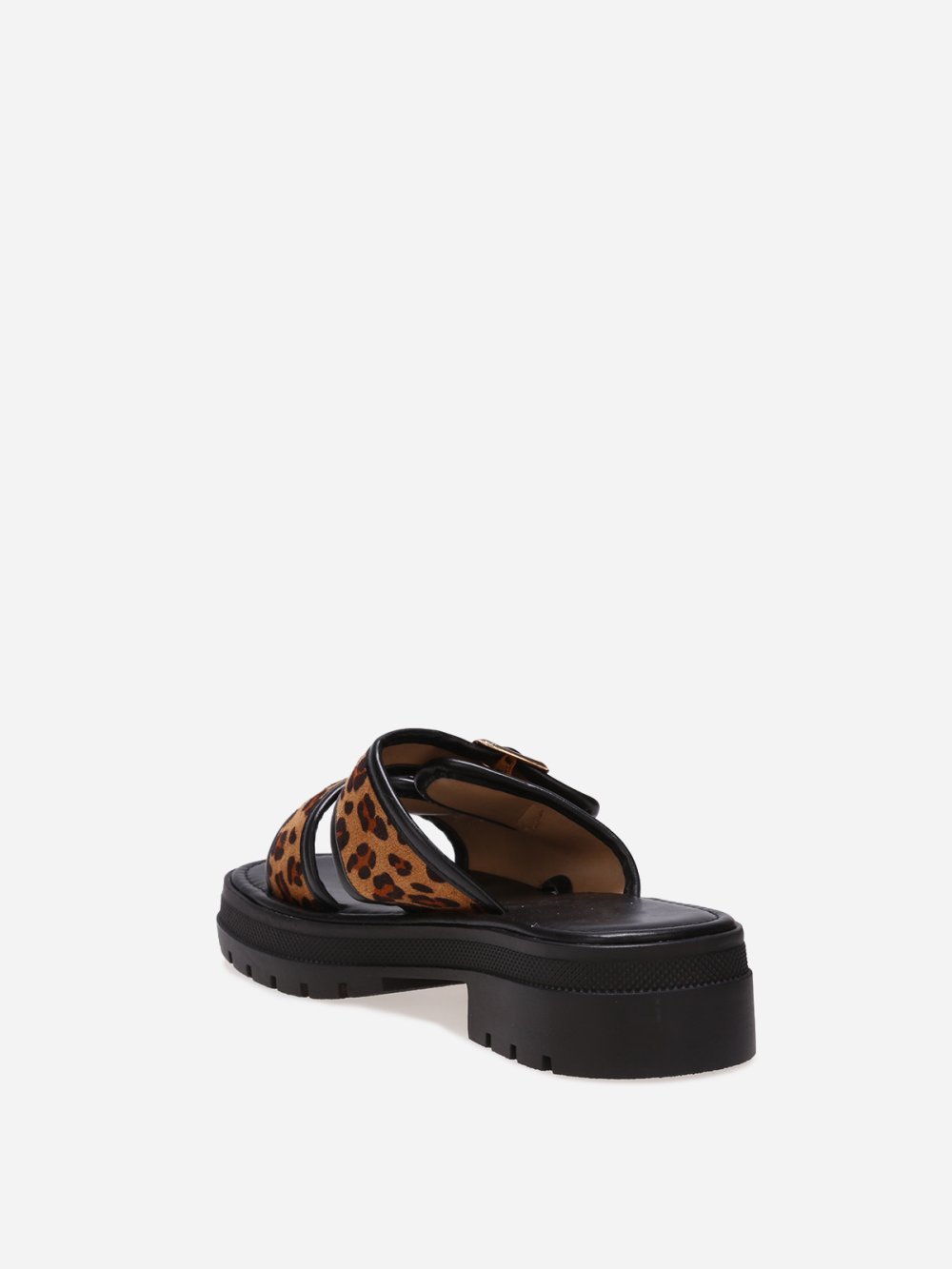 Leopard-strap mules with cleated platform