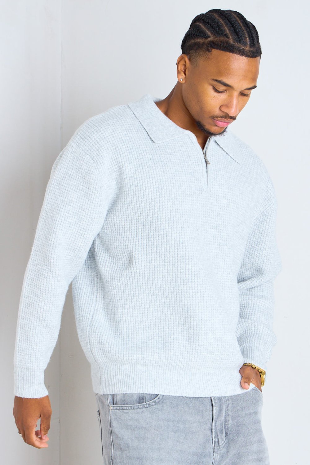 Pull col polo b zip gris clair