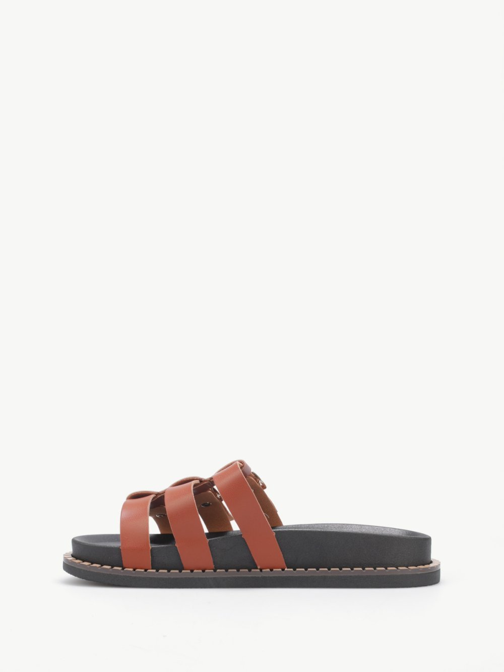 Camel triple-strap mules with gold studs
