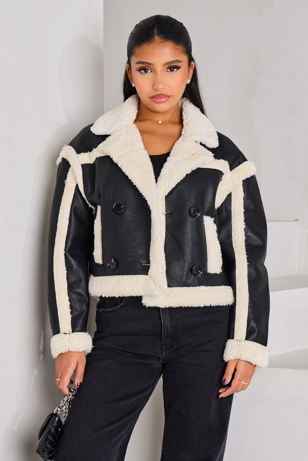 Veste aviateur qsira simili cuir k7la w beige