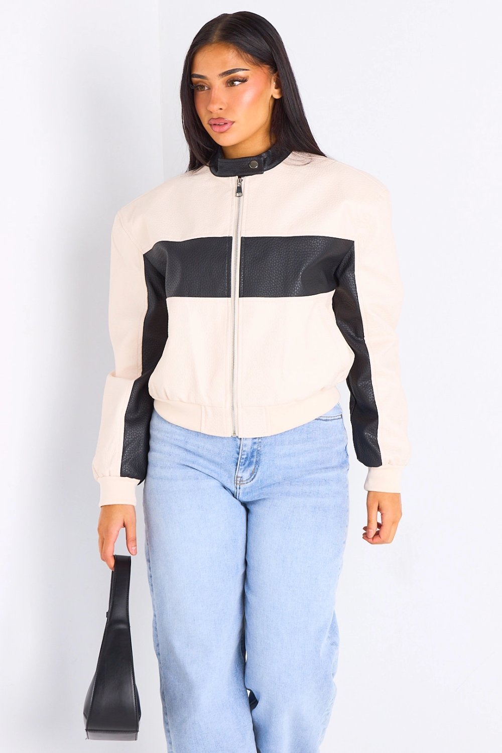Veste bicolore en simili cuir beige
