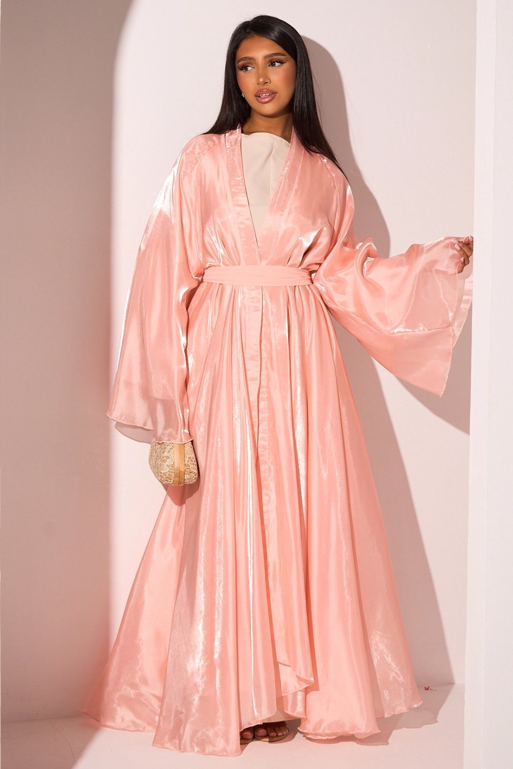 Kimono long en voile doublé satin corail