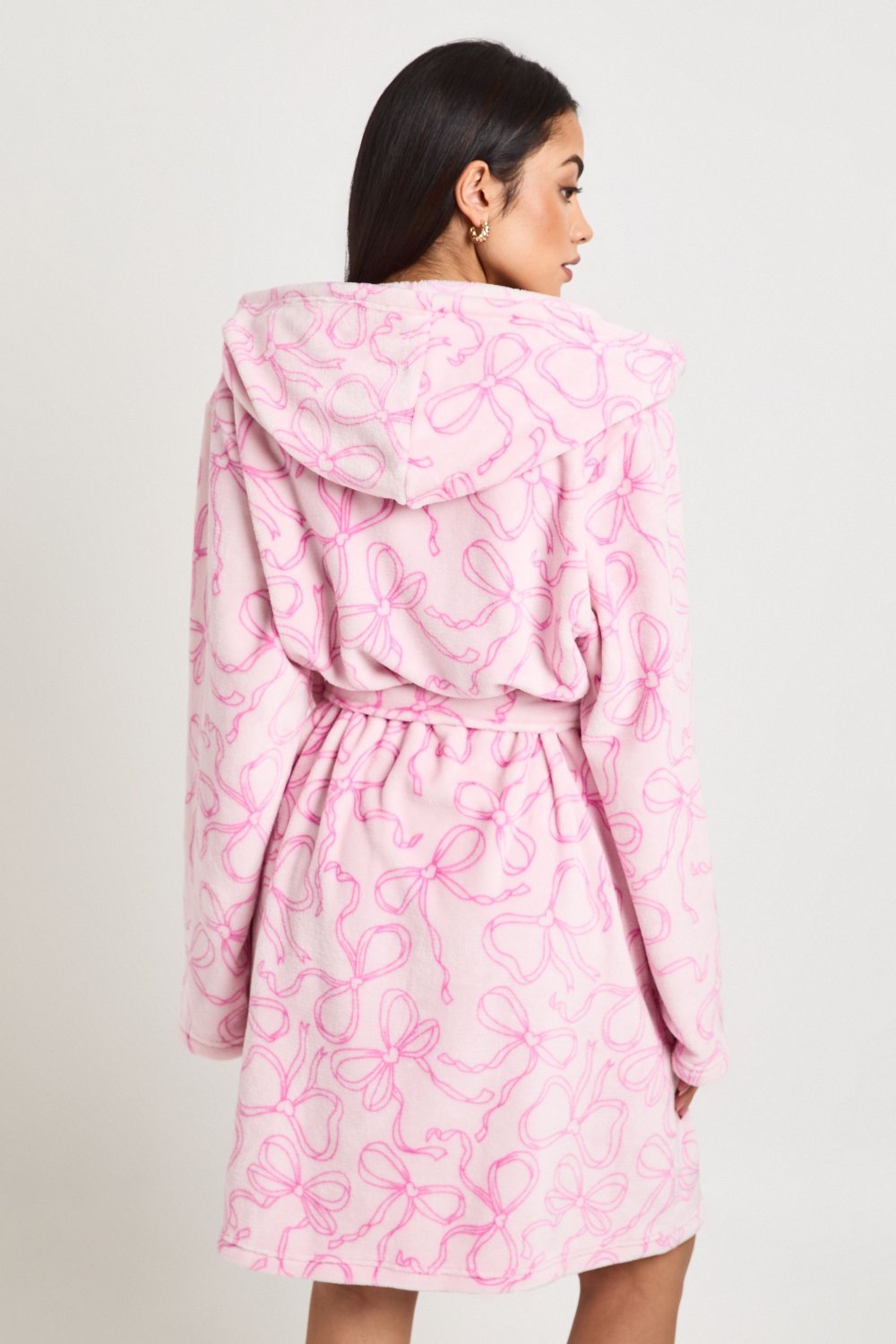 Hooded bow print short dressing gown