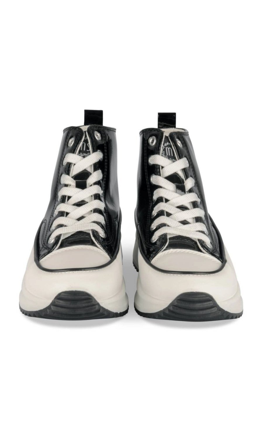 Black patent-look high-top platform sneakers