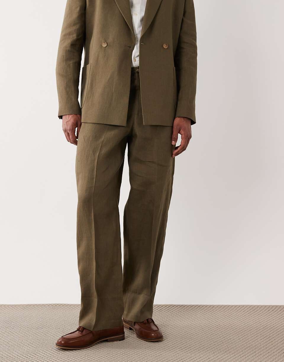 Pantalon de costume ample en lin de qualité supérieure - Vert olive