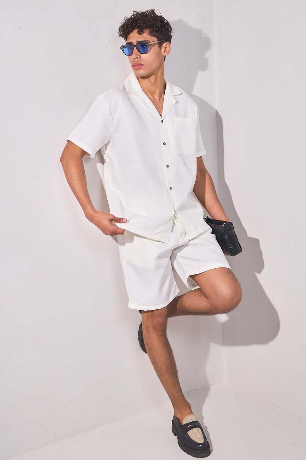 White linen-look shirt and shorts set