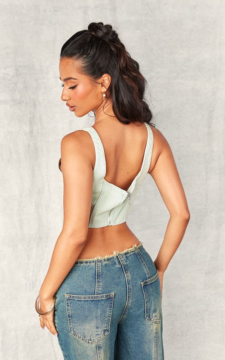 Bleach wash denim seam detail corset - Petite
