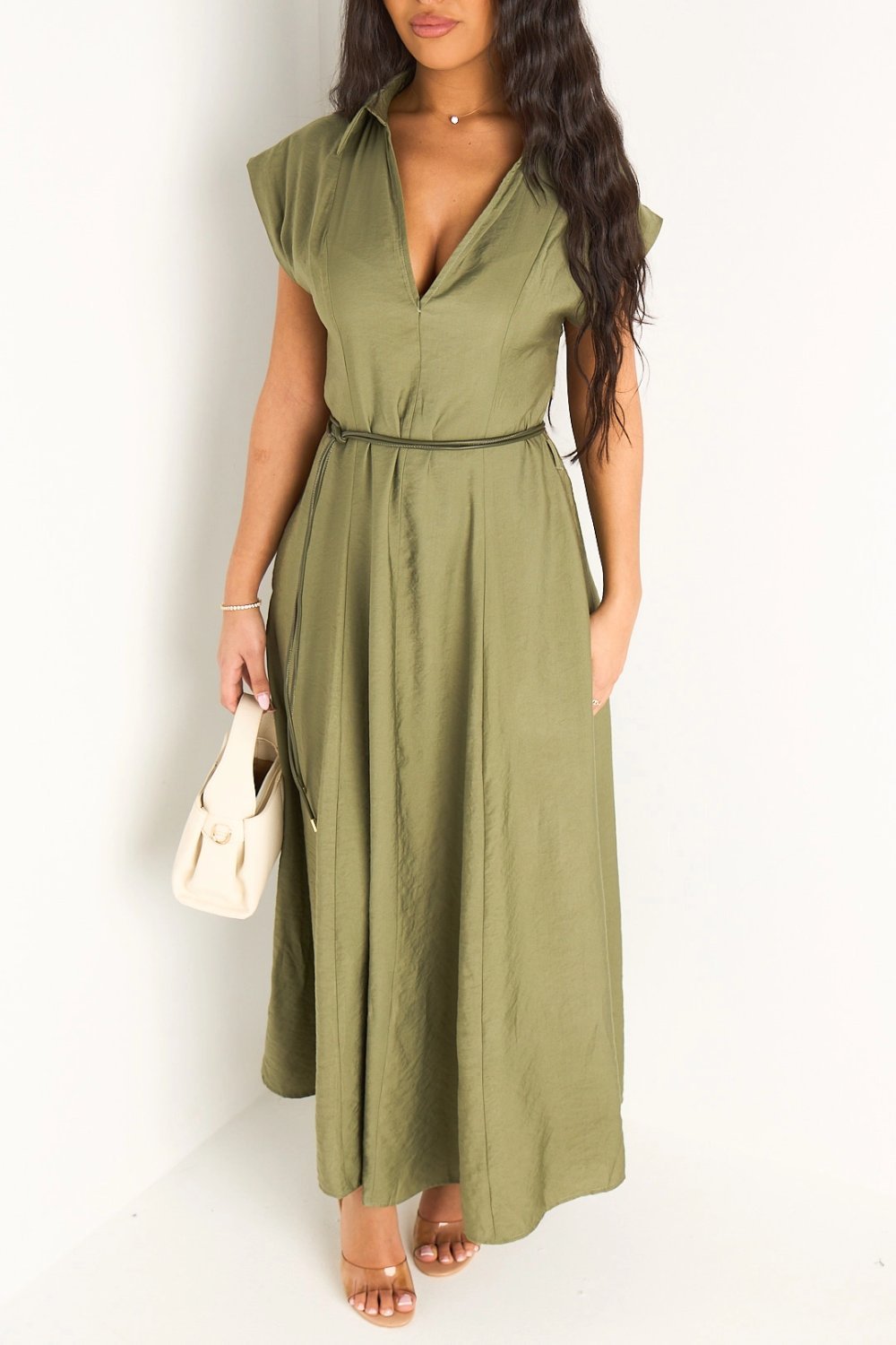 Khaki belted straight maxi dress
