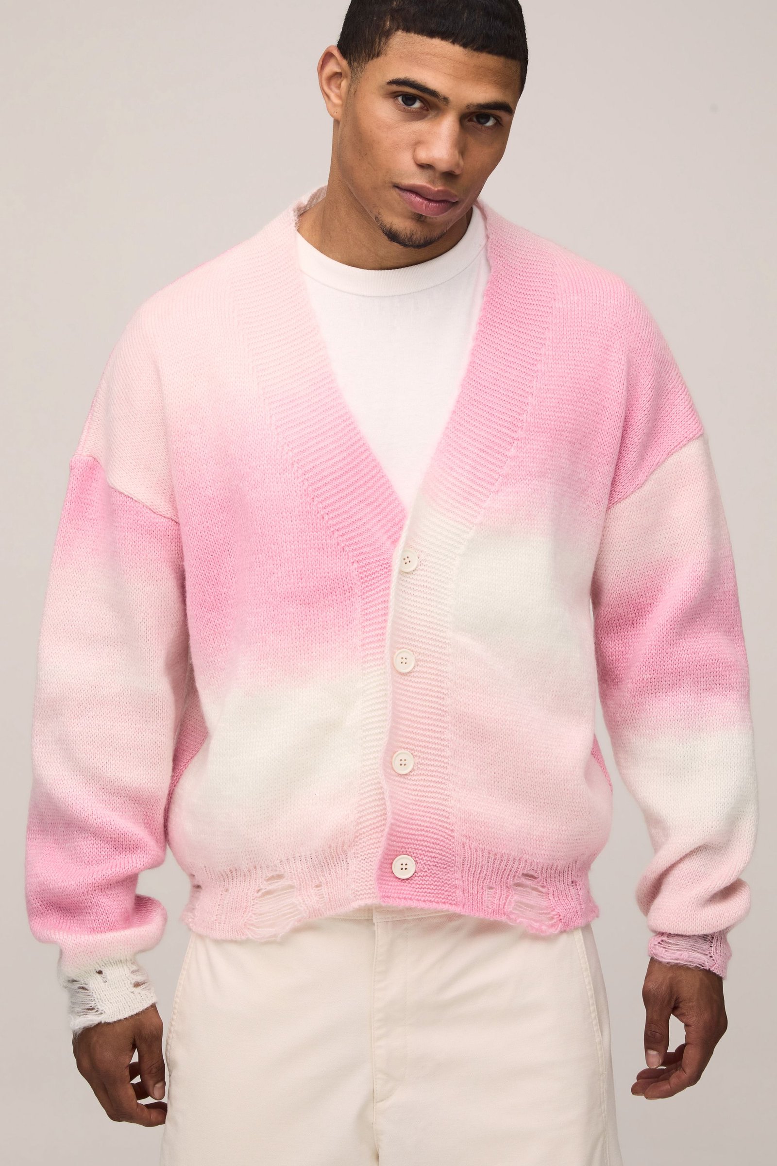 Cardigan Tricoté Ombré Délavé à Coupe Ample et Décontractée