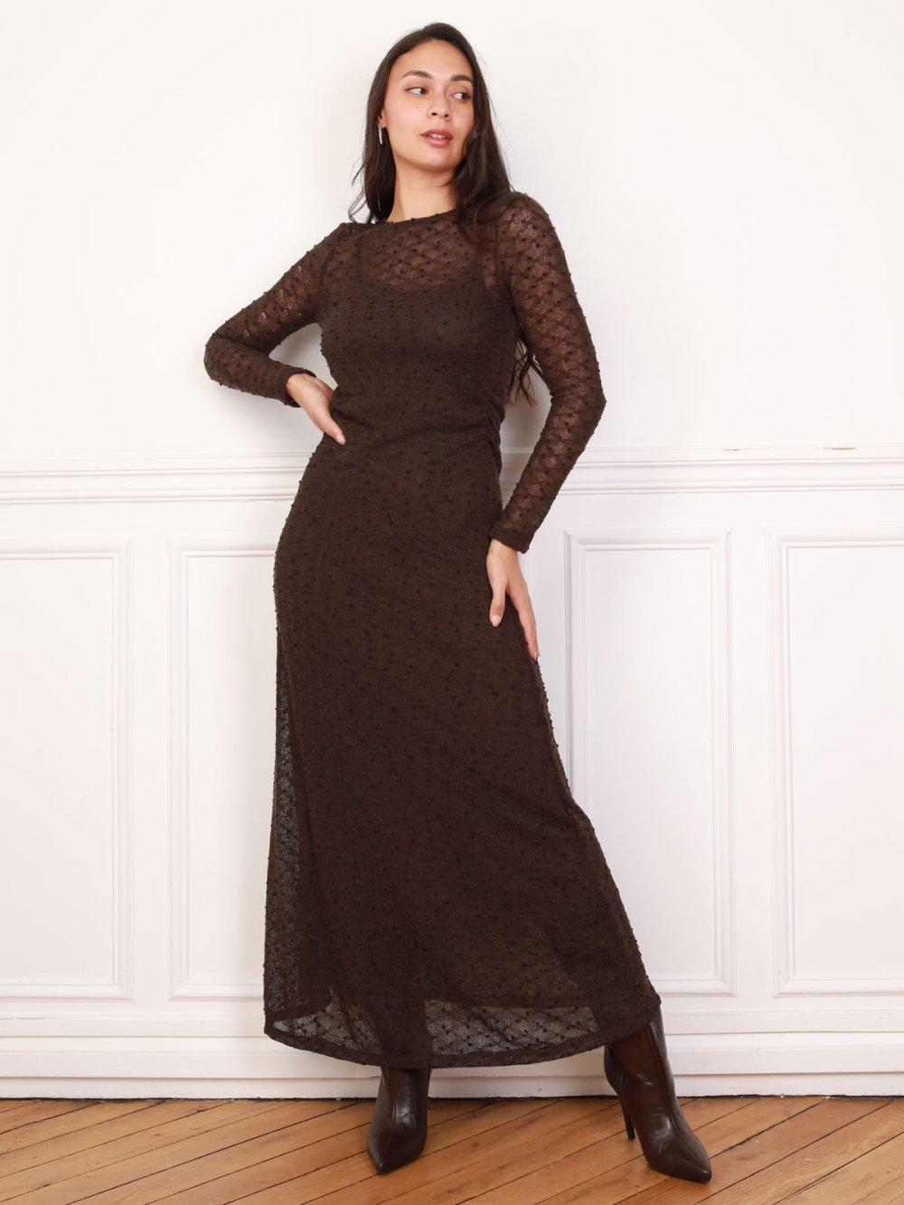 Brown lined crochet maxi dress