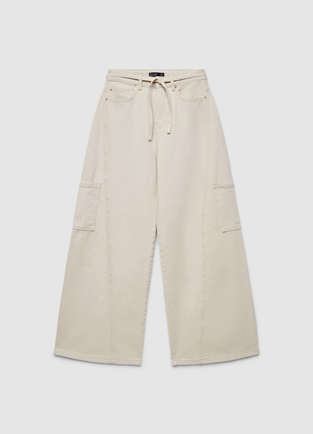 Taupe high-waisted palazzo jeans with drawstring