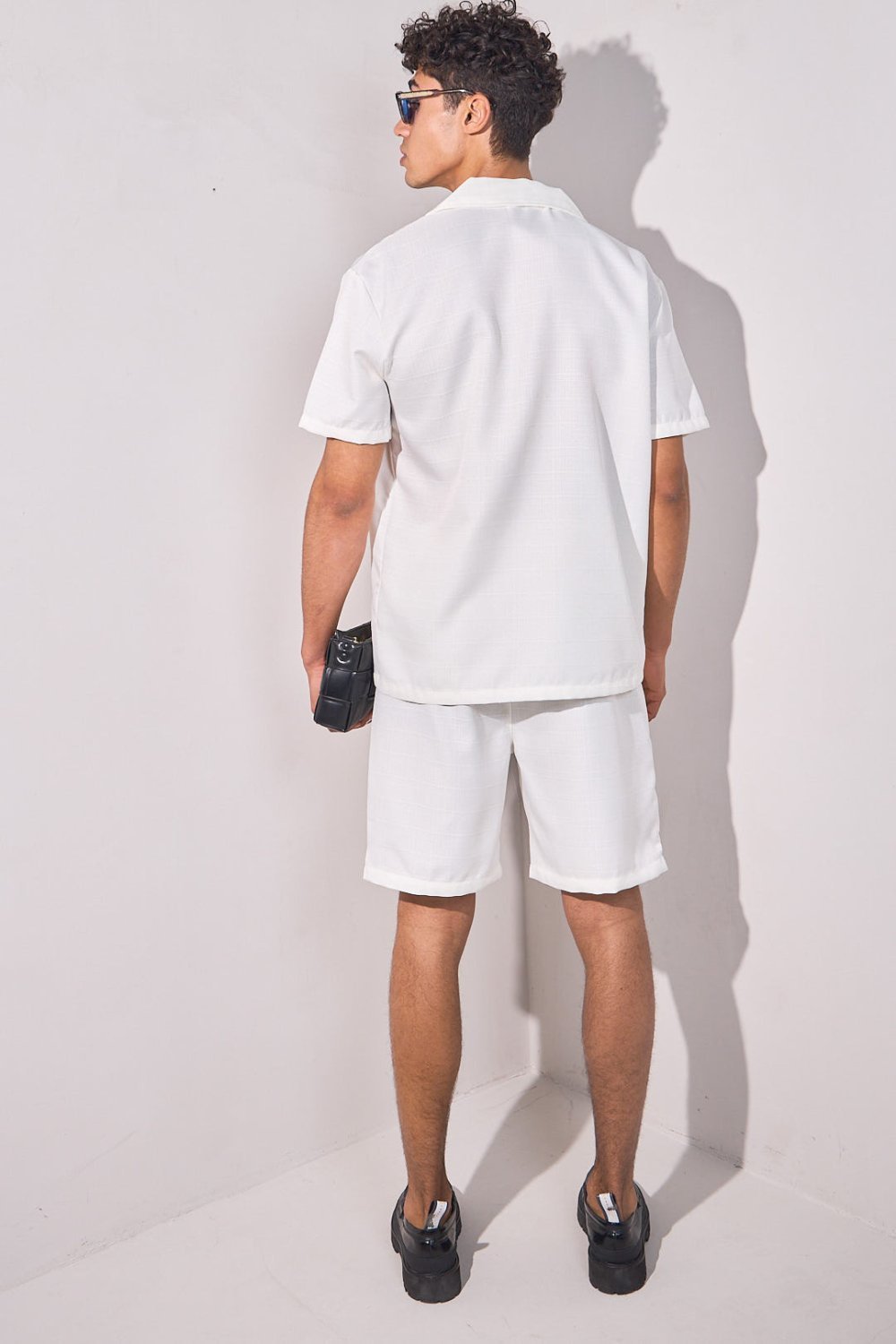 White linen-look shirt and shorts set