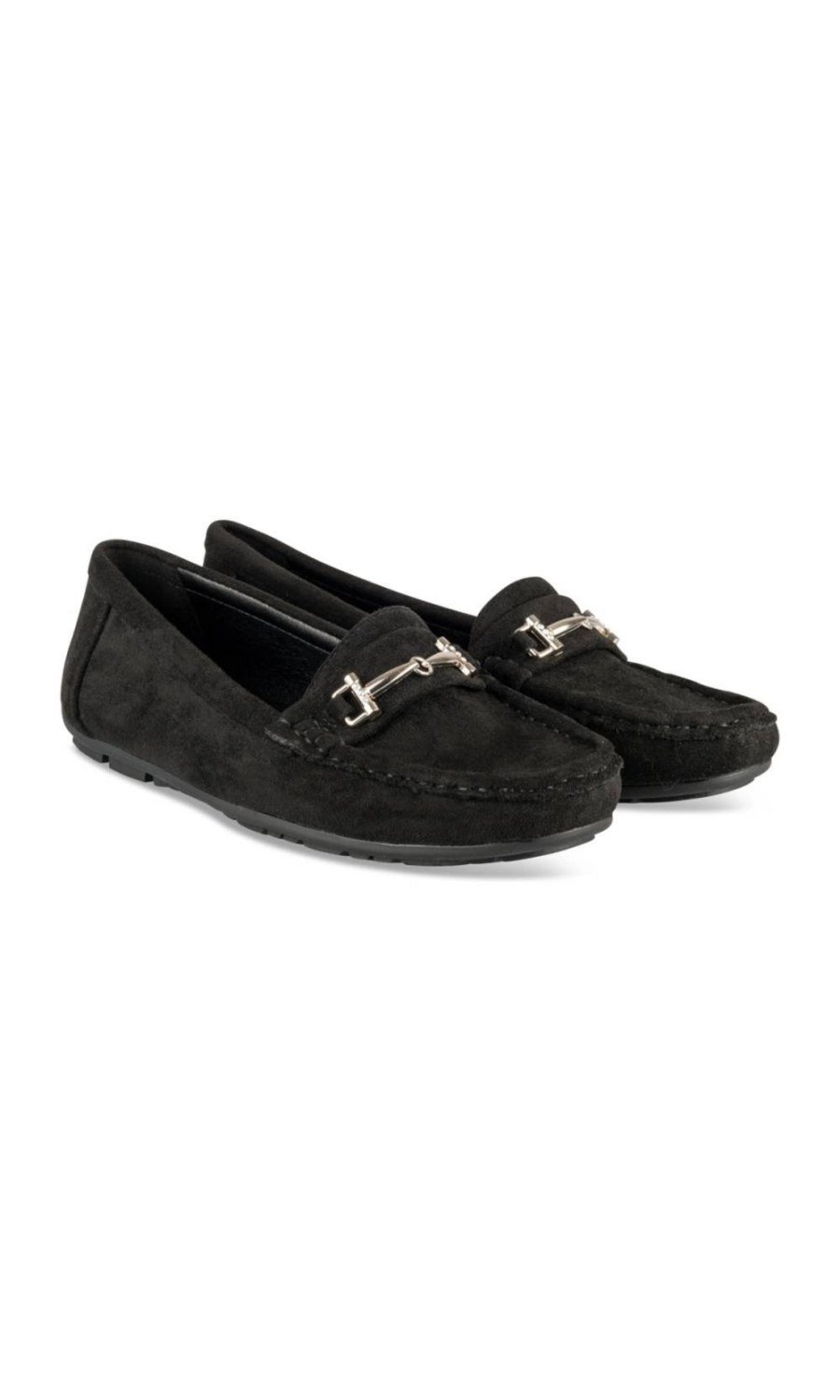 Black faux suede loafers, silver horsebit
