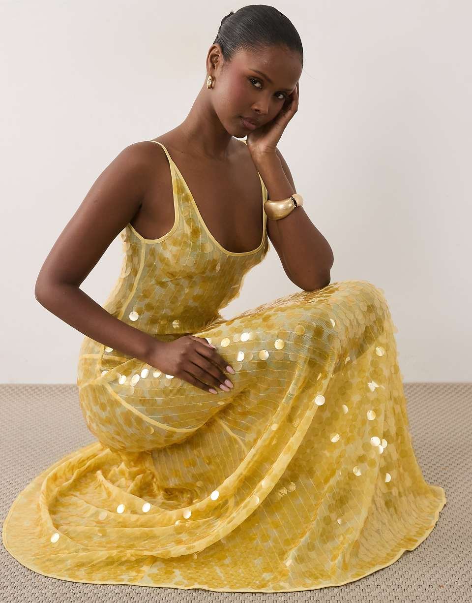 Yellow Sequinned Maxi Dress With Off Shoulder Neckline