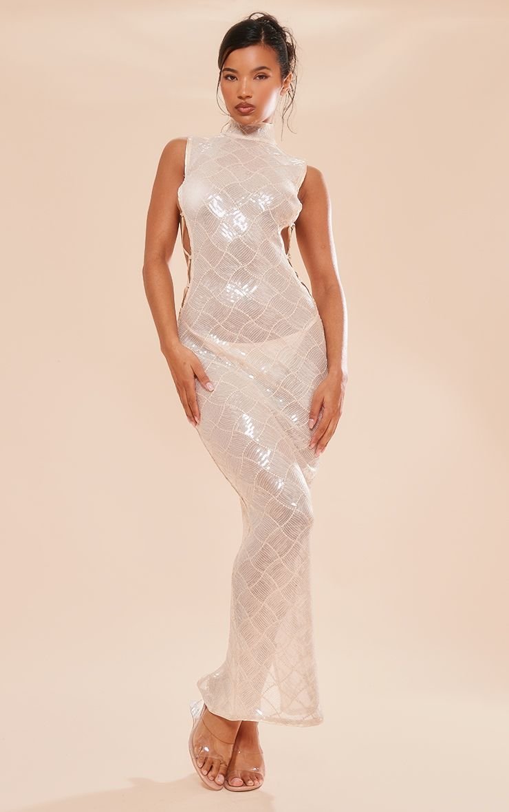 Robe midi col montant à sequins et lacets
