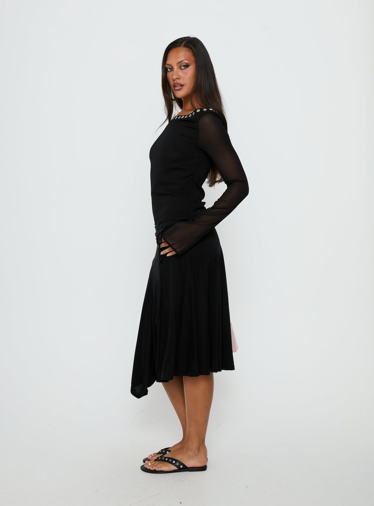 Tie-side jersey midi skirt