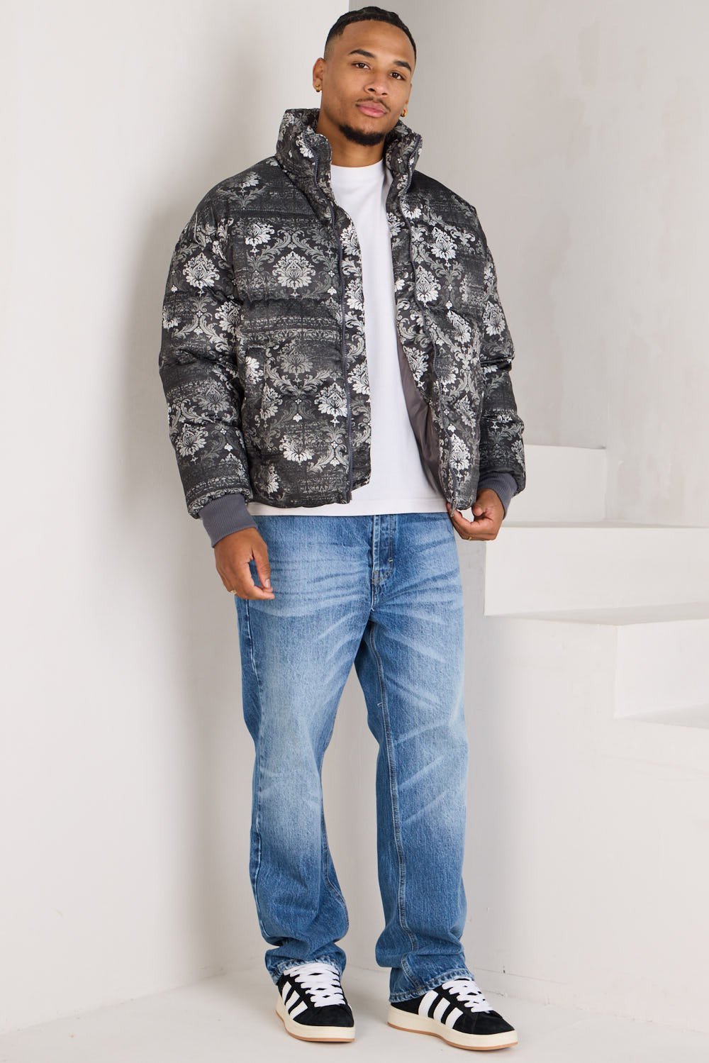 Green baroque-print puffer jacket