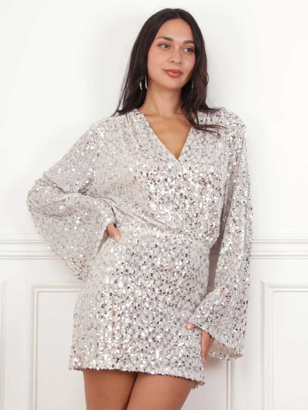 Robe cache-cœur b sequins beige fedi