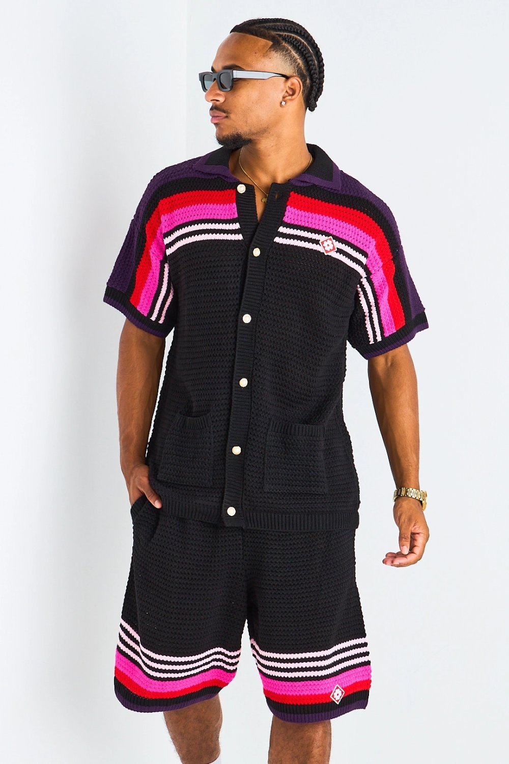 Black and pink crochet cardigan and shorts set