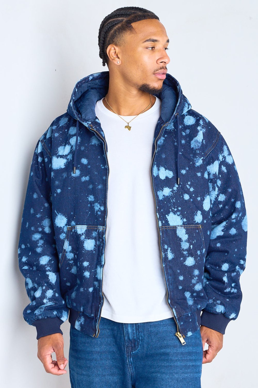Dark blue splash-effect hooded denim jacket