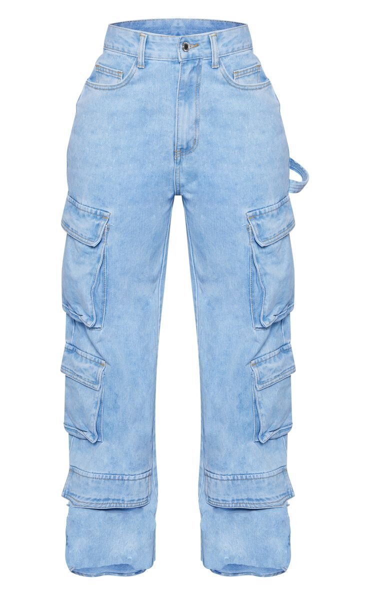Jean cargo taille haute bleu clair