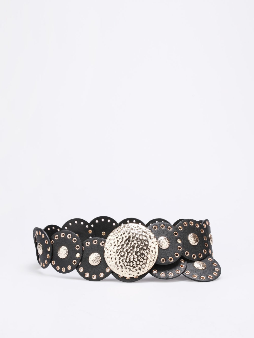 Black faux leather studded disc belt