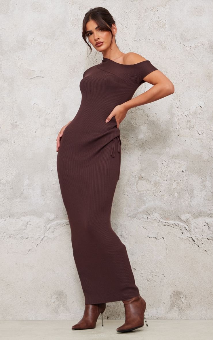 Chocolate Rib Knit Asymmetric Neck Ruched Side Maxi Dress