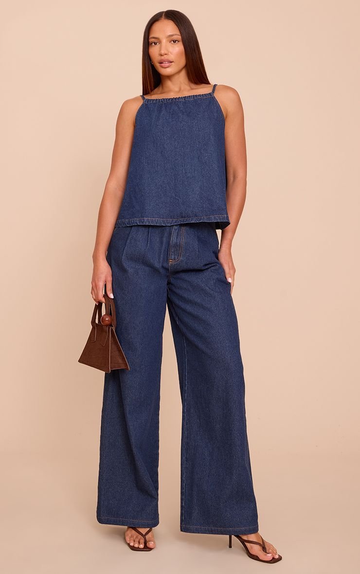 Indigo high-waisted wide leg jeans with pleats - Tall