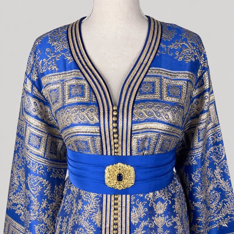 Blue brocade caftan with gold motifs