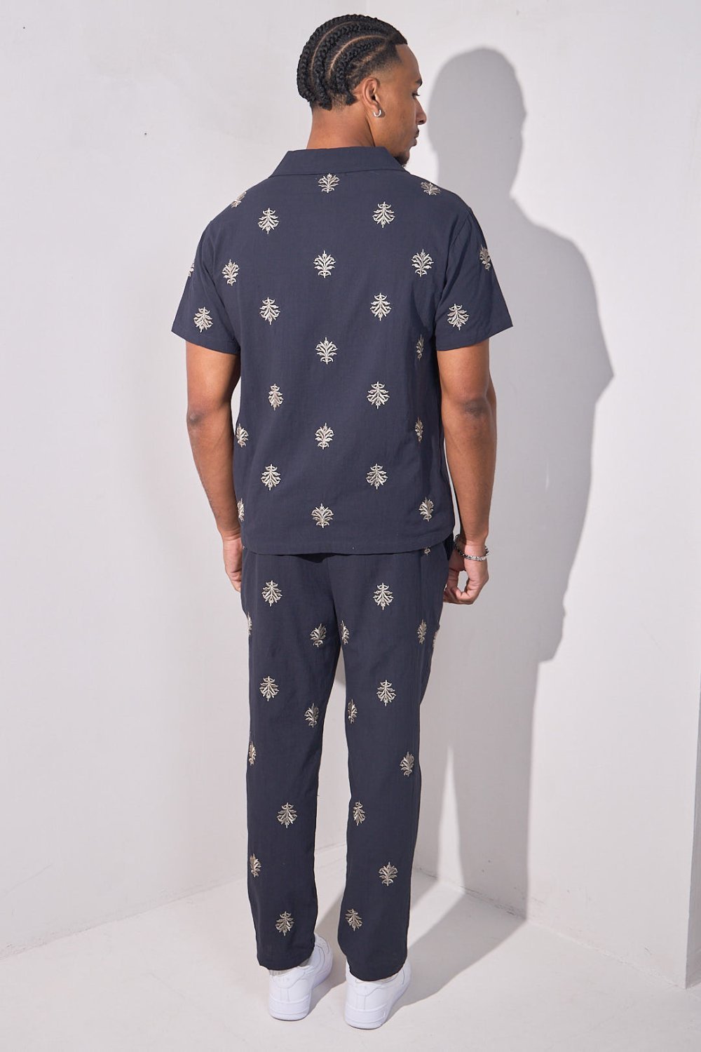 Navy embroidered linen-look shirt and trousers set