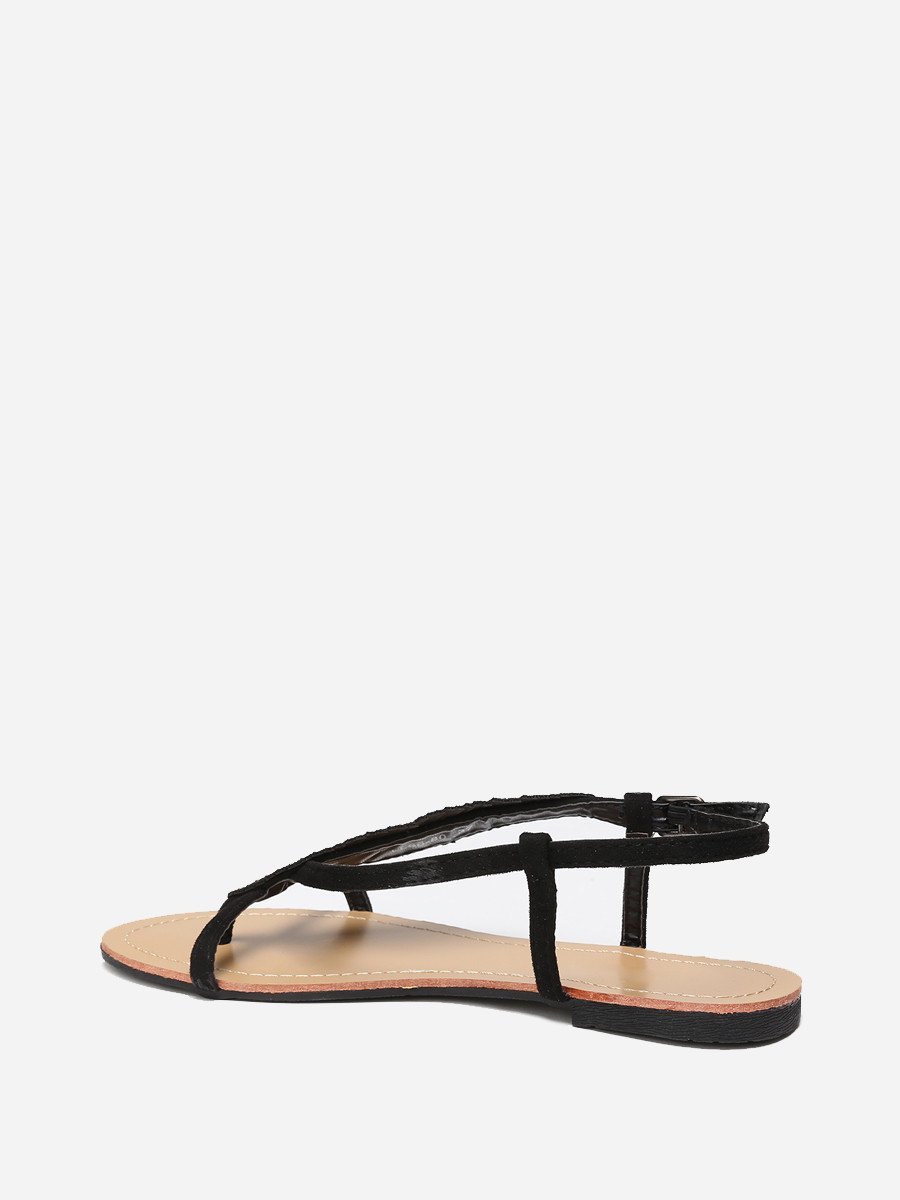 Nu-pieds plats à feuille en strass noirs