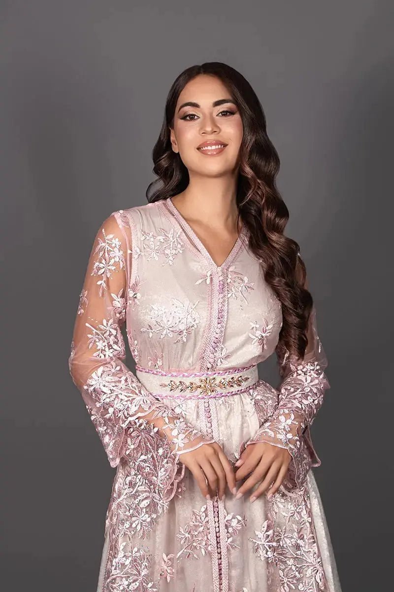 Pink lace takchita over silver lamé