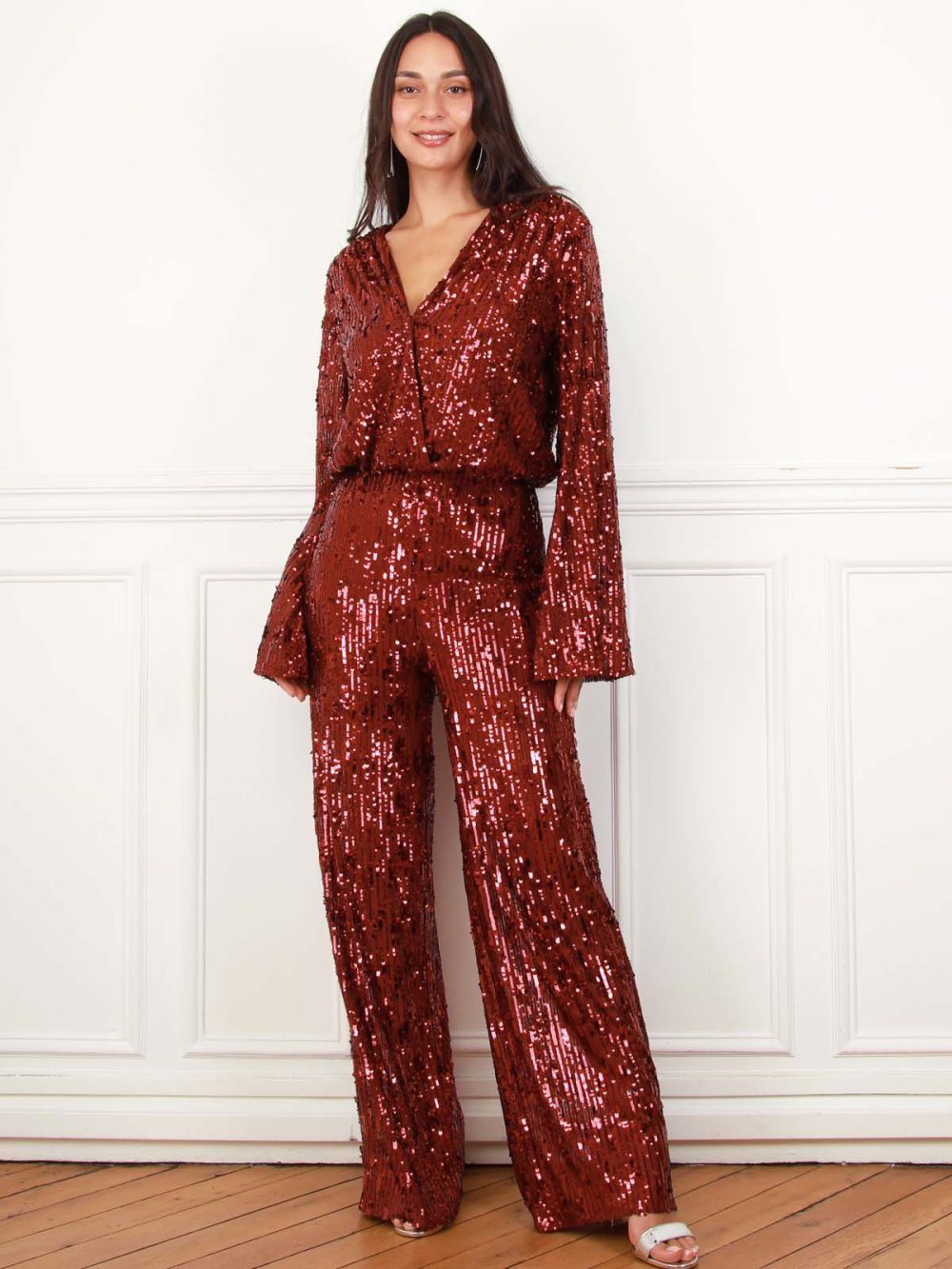 Pantalon large à sequins bordeaux