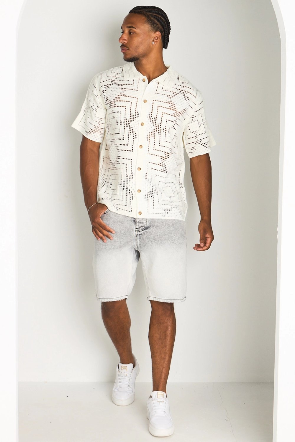 White open-knit short-sleeved polo