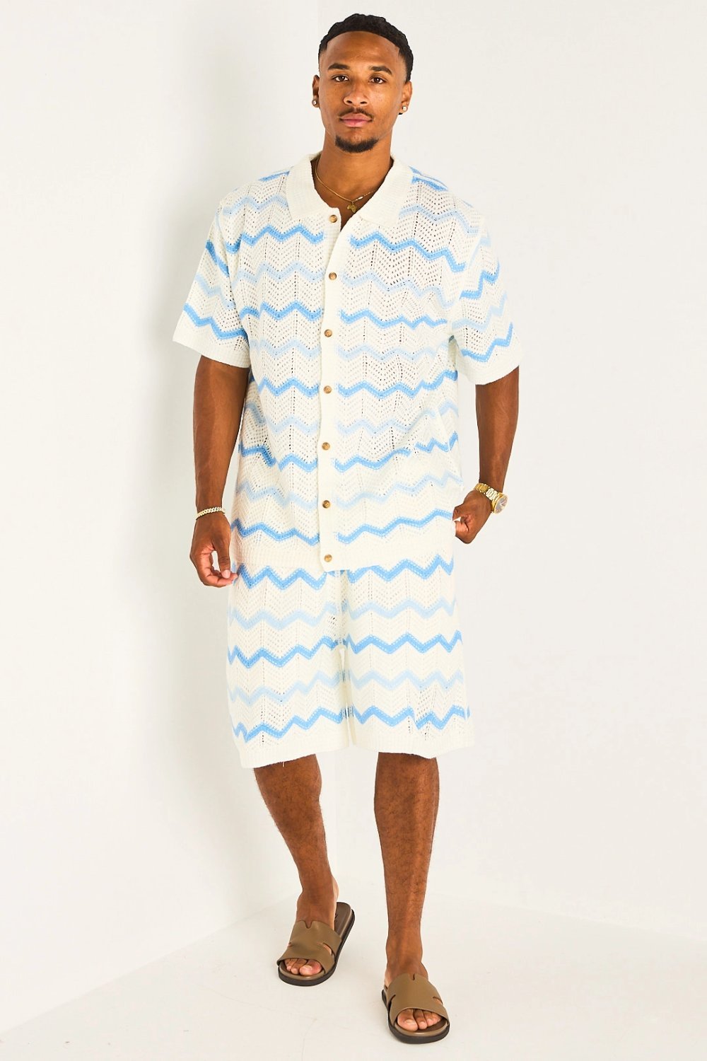 Blue geometric crochet shirt and shorts set