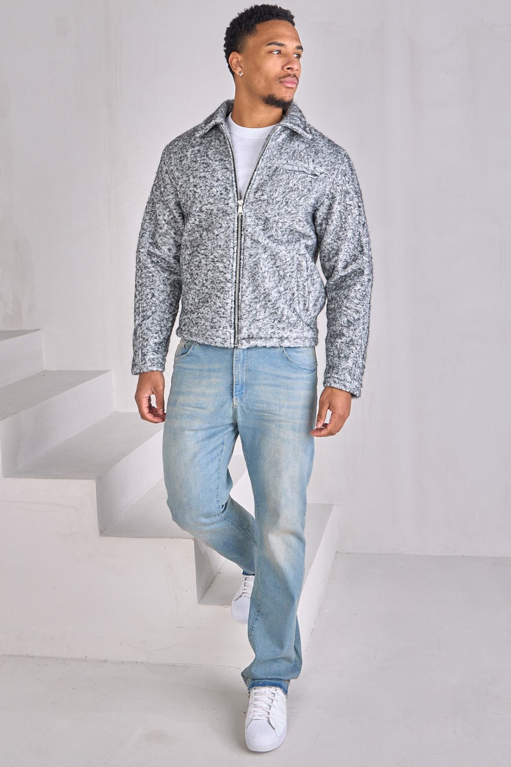 Veste polaire texturée zippée noir et blanc