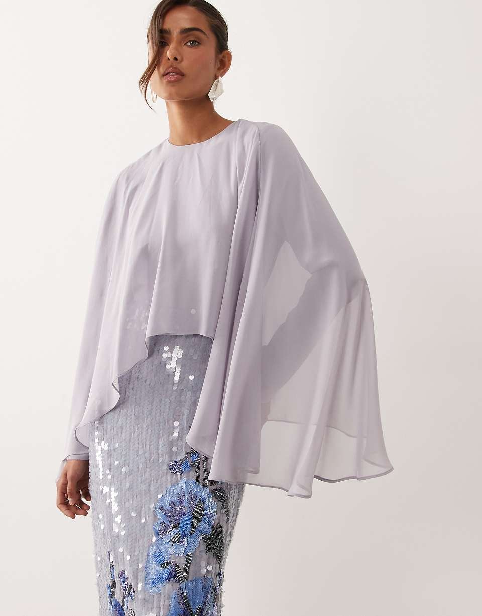 Blue Maxi Dress With Embellished Skirt And Cape Detail