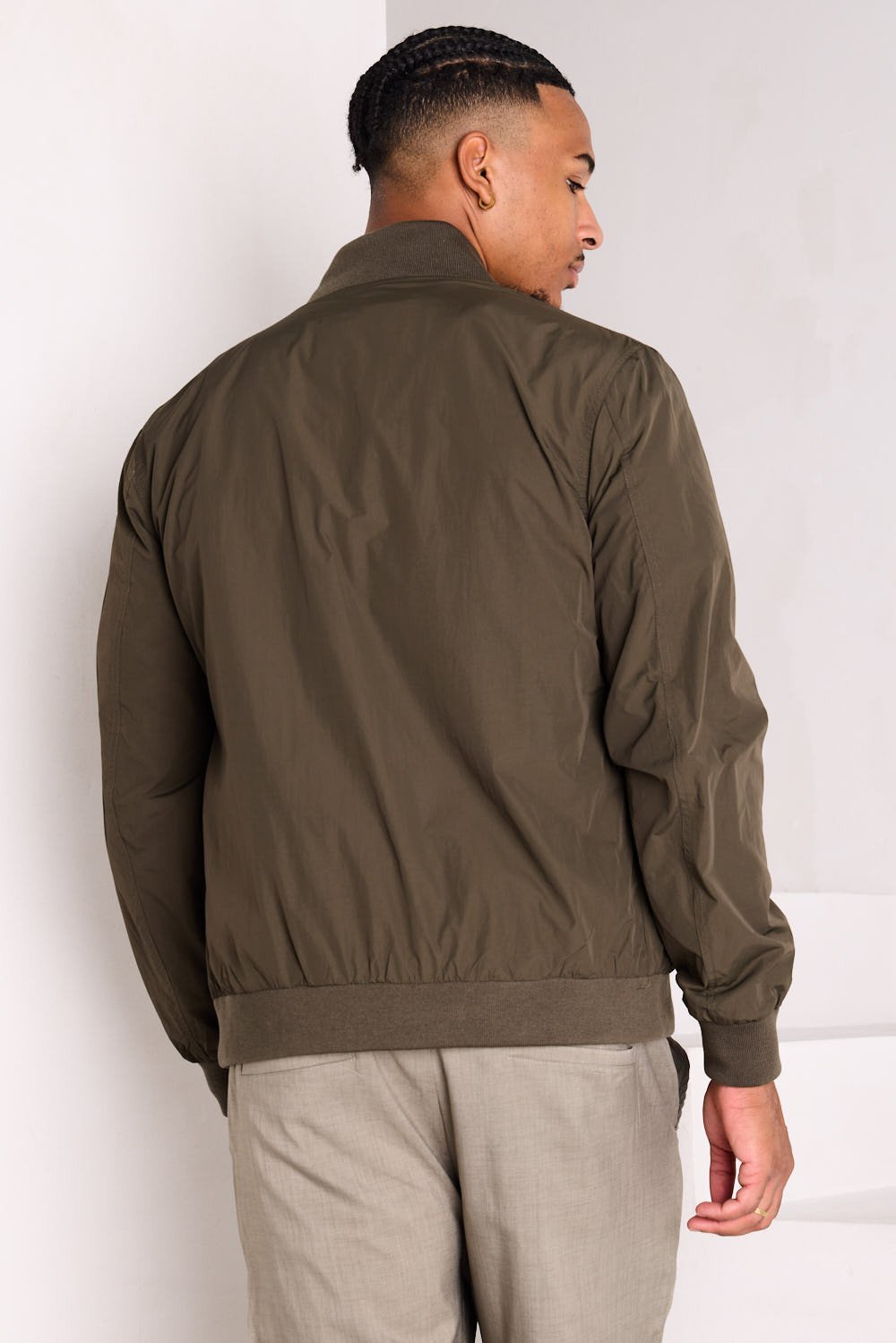 Khaki transitional jacket with high collar