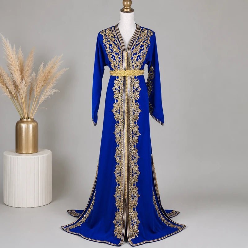 Royal blue silk crêpe caftan with gold embroidery